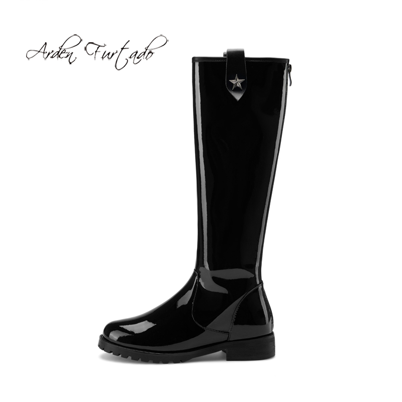 

Arden Furtado 2020 Fashion Women's Shoes Winter Elegant Ladies Boots shiny Leather Zipper Round Toe flat Knee High Boots 44 45, Black