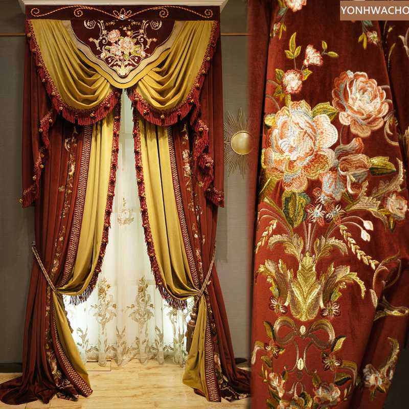 

Custom curtain Villa French American velvet embroidery bedroom wine red thick cloth blackout curtain valance tulle panel C329
