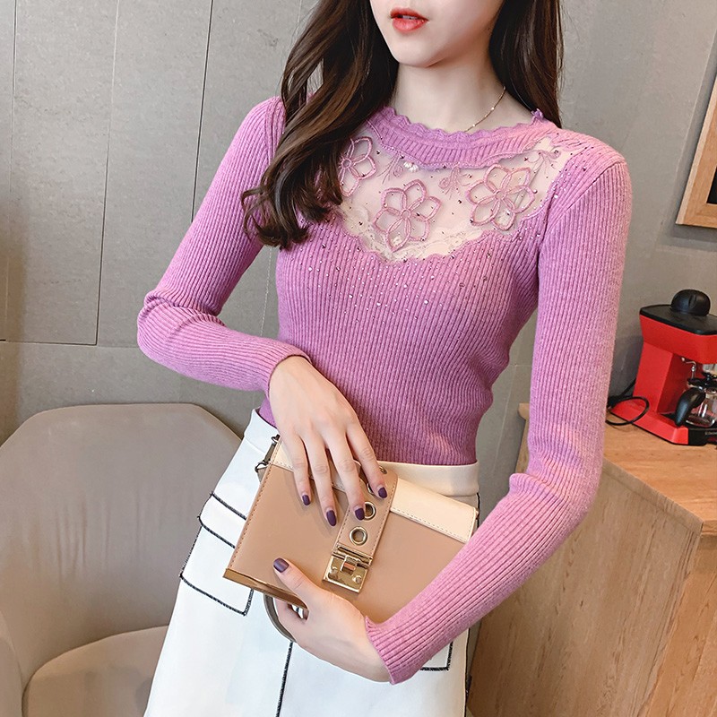 

Sexy Lace Women Full Sleeve diamond Sweater 2020 New Knitted elasticity purple Pullovers Autumn Hollow out O-Neck Jumpers Ladies
