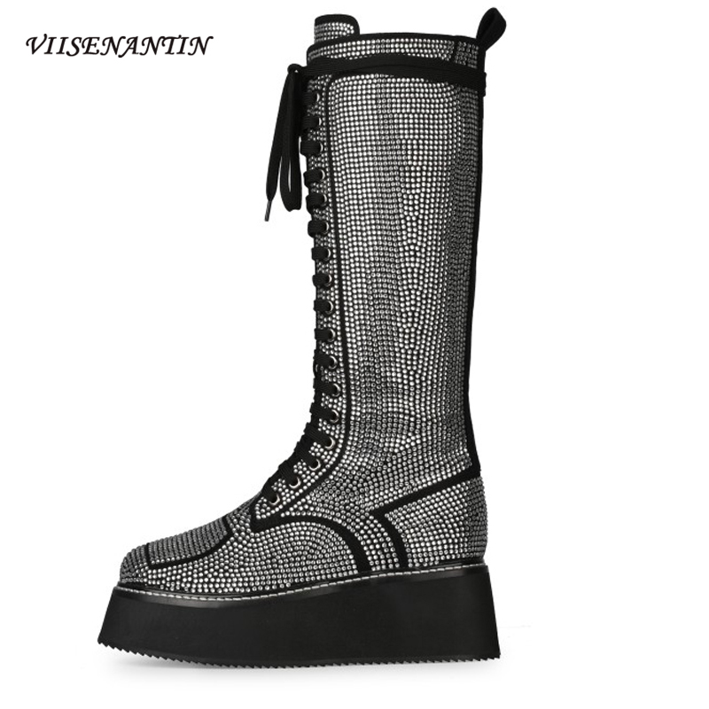 

European American Bling Rhinestone Lace-up Knee High Women Boots Platform High Tube Full Drill Boots Fashion Catwalk, Black