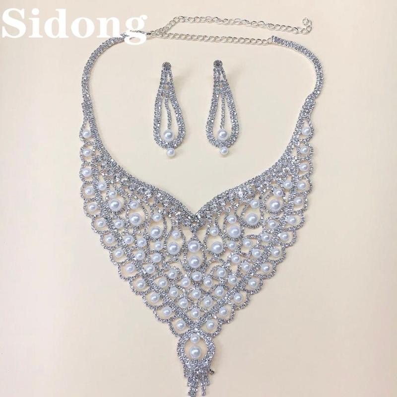 

Fashionable new style exaggerated large set pearl necklace crystal neck chain Bridal Wedding Party Jewelry Gift Set