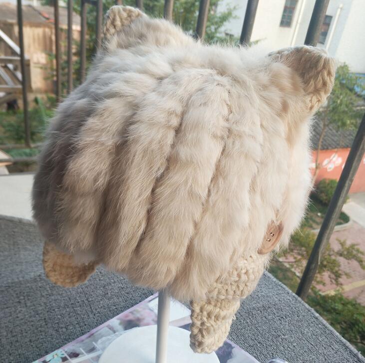 

Women's natural fur knitted Hats girls winter lovely cat ear thicken warm fashion parent-child Skullies & Beanies TB377, Beige