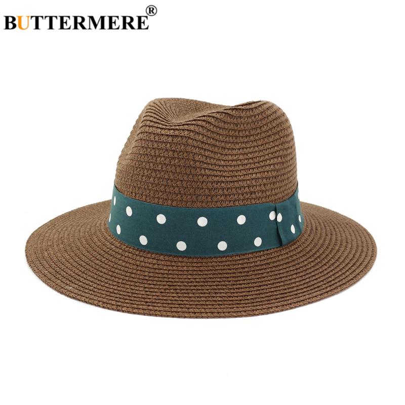 

BUTTERMERE Vintage Panama Hat Women Straw Fedora Female Sunhat Summer Beach Sun Visor Cap Chapeau Dot Jazz Trilby Cap Sombrero, White