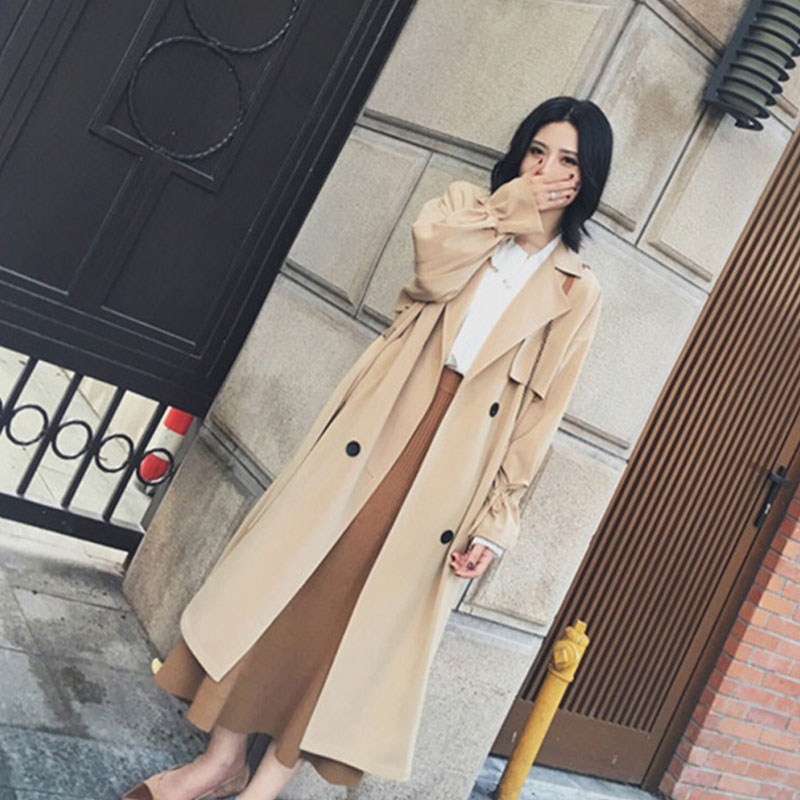 

New Double Breasted Long suit collar Female Trench Coat Loose Thin Section Pure Straight Women Windbreaker Trumpet Sleeve Coat, Khaki