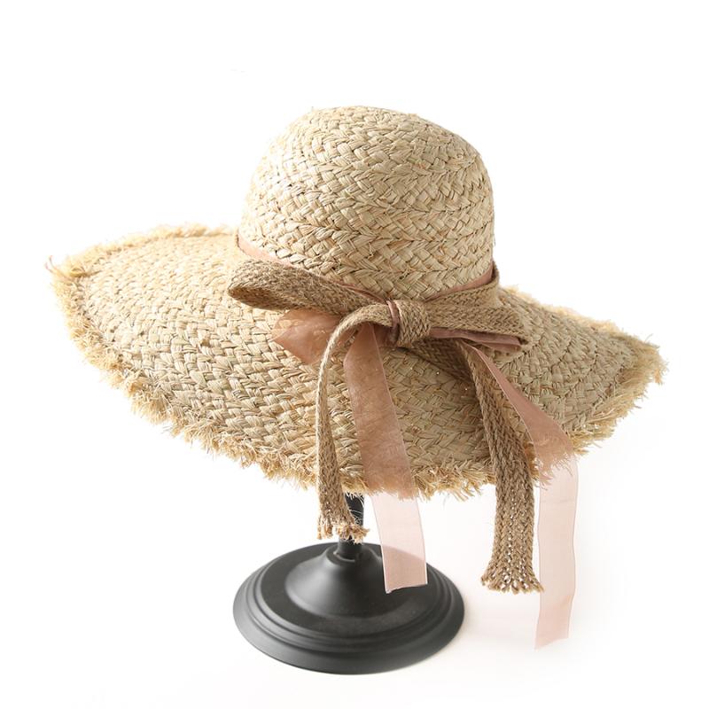 

Handmade Bow Ribbon Straw Hat Women Wide Brim Round Top Summer Beach Hats Outdoor Vacation Protection UV Sun Hat Wholesale, As picture