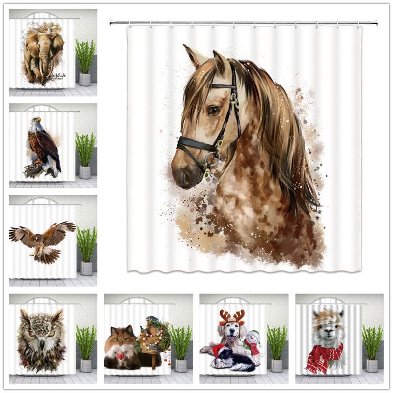 

Animal Shower Curtains Hand Painted Elephant Eagle Horse Cat Dog Bathroom Decor Home Bathtub Waterproof Polyester Curtain Set
