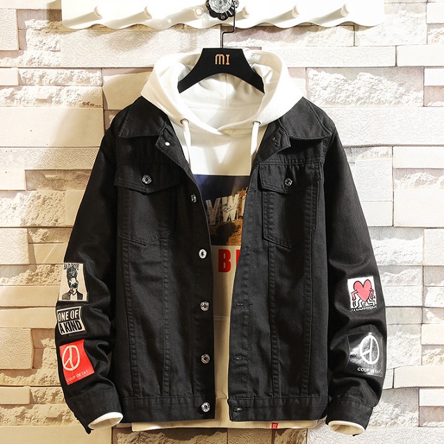 

Men Fashion Jackets with Applique 2020 Hot Sale Denim Jackets Youth Student Style Fashion Solid Color Coats Outerwear Mens Clothing, Black