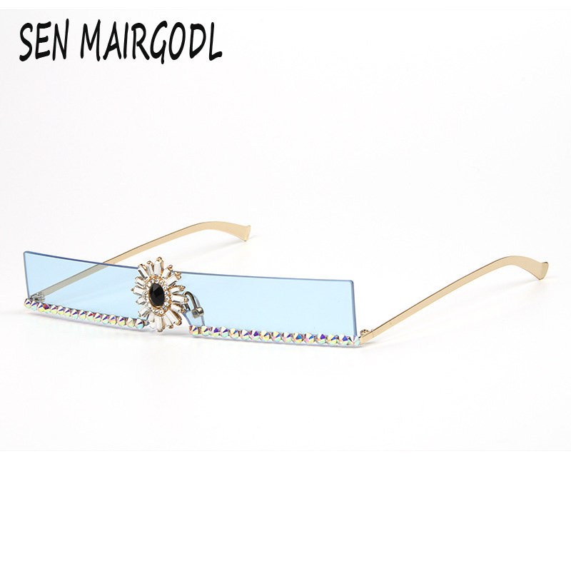 

Fashion classic narrow side rectangle diamond sunglasses for women 2020 men Rhinestone Metal Frame Marine Color Sun glasses