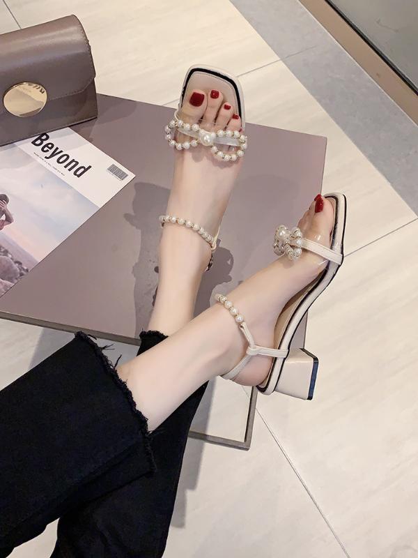 

New fashion wild pearl fairy style thick heel Roman shoes, Beige