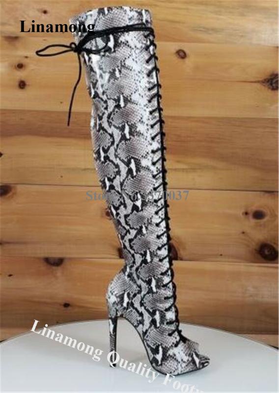 

Linamong Newest Peep Toe Snake Leather Knee High Stiletto Heel Gladiator Boots Lace-up Long High Heel Boots Customize Colors