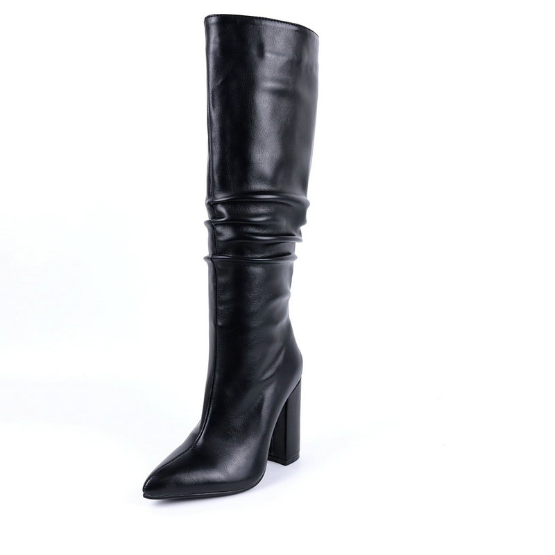 

Female Chunky high Heels Synthetic Leather Women Knee High Boots Winter Warm Riding Boots Brand Plus Size Dancing Shoes Woman, Black