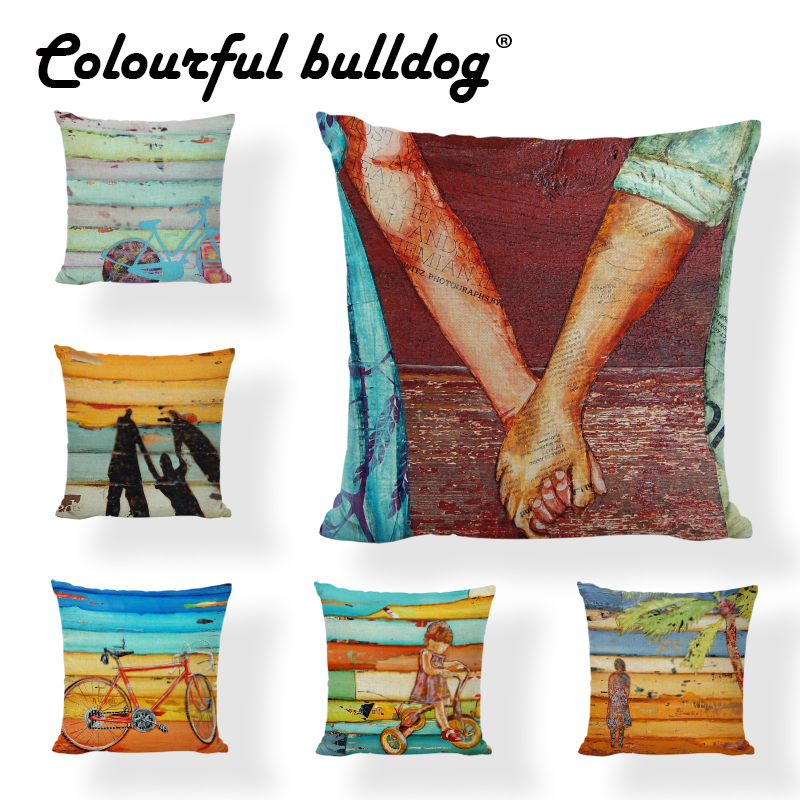 

Seascape Oil Painting Cushion Cover Couple Bicycle Umbrella 43*43cm Sea View Home Office Couch Beach Wedding Decorate Pillowcase, 13