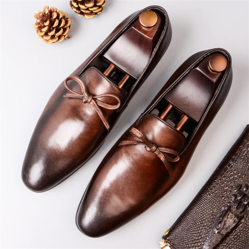 

Men Retro Genuine Leather Slip on Oxfords Shoes Bussiness Bowknot Mens Formal Dress Wedding Shoes Office Fashion simple Loafers, Black