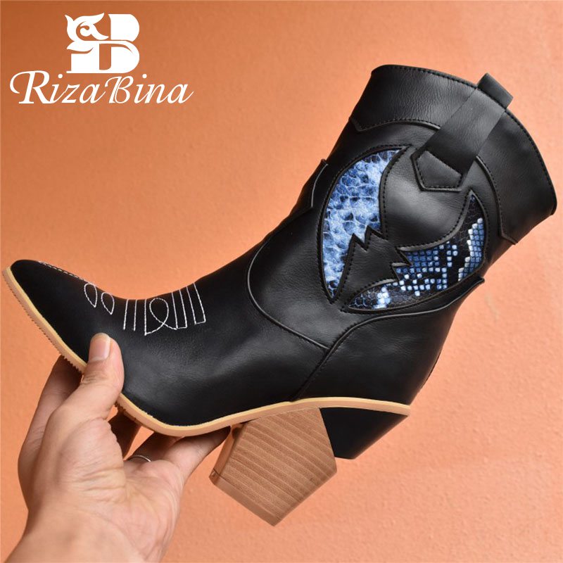 

RIZABINA Pointed Toe Mid Calf Boots For Women Fashion Embroidery Thick Heels Shoes Winter Warm Women Footwear Size 34-43, Blue