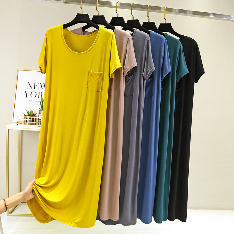 

Summer dress women Modal plus Size Dresses Female Crew Neck Pocket Short Sleeve Thin Solid Color Loose Bottoming home Dress, Black
