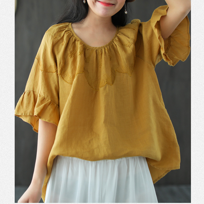 

NINI WONDERLAND 2020 Summer Ramie Embroidery Shirt Women's Loose Casual Tops Female Ruffles Vintage Blouse Lady Solid Clothes, Beige