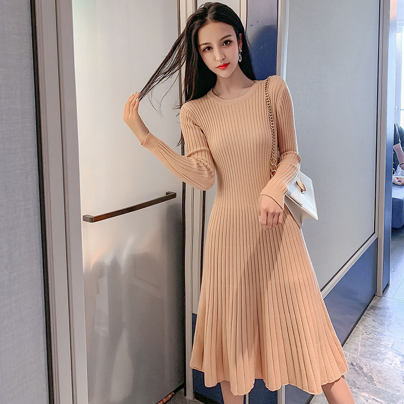 

Women 2020 Spring Autumn O-Neck Long Sleeve Knitted Cotton Sweater Dresses Female Casual A-Line Dress Elegant Slim Vestidos G713, Green