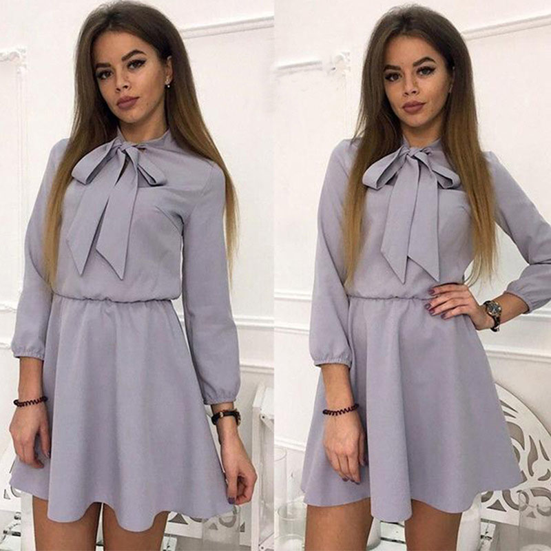 

GAOKE Summer Loose Dress Women's Fashion Bow Causal Party Dresses Autumn O-Neck Elastic Waist Solid Vintage Mini Dress Plus Size, Gray