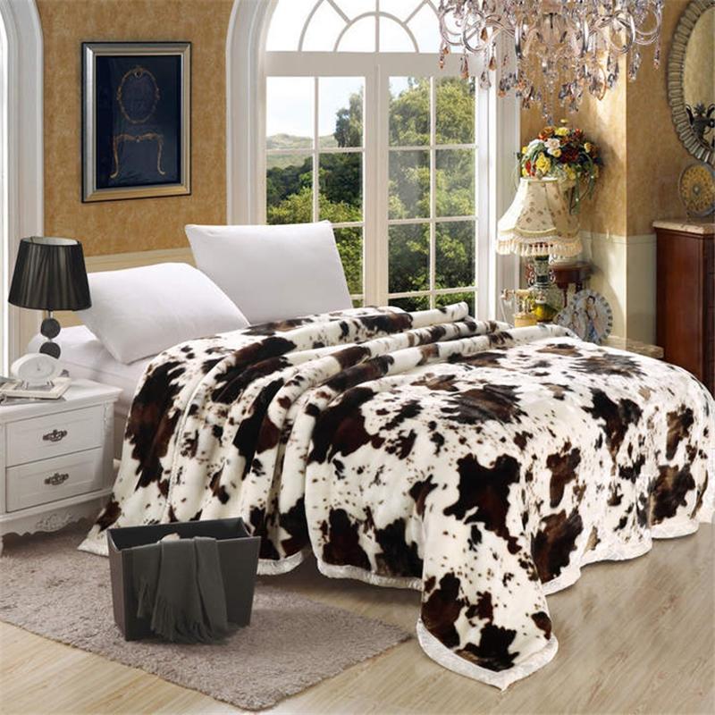 

25 Soft Raschel Blanket Animal Cow Skin Flower Print Double Layer Queen King Size Double Bed Thick Warm Winter Mink Blankets