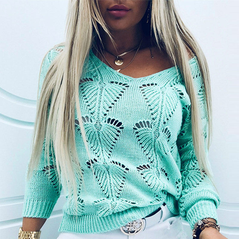 

Knit Crochet Hollow Out V-Neck Women' Sweater Long Sleeve Thin Solid Female Pullovers 2020 New Fashion Casual Ladies Sweaters, Pink