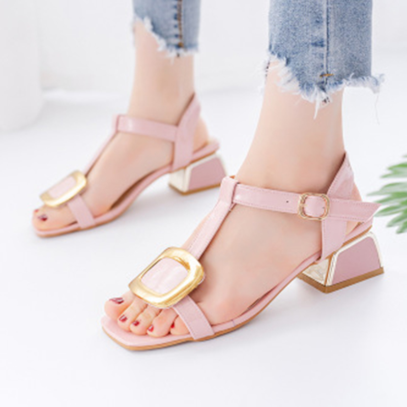 

Woman Summer Ladies Low Sandals Comfortbale Footwear Women Fashion Heel Female T-Buckle Strap Women's Square Toe Shoes Plus Size, Pink 1