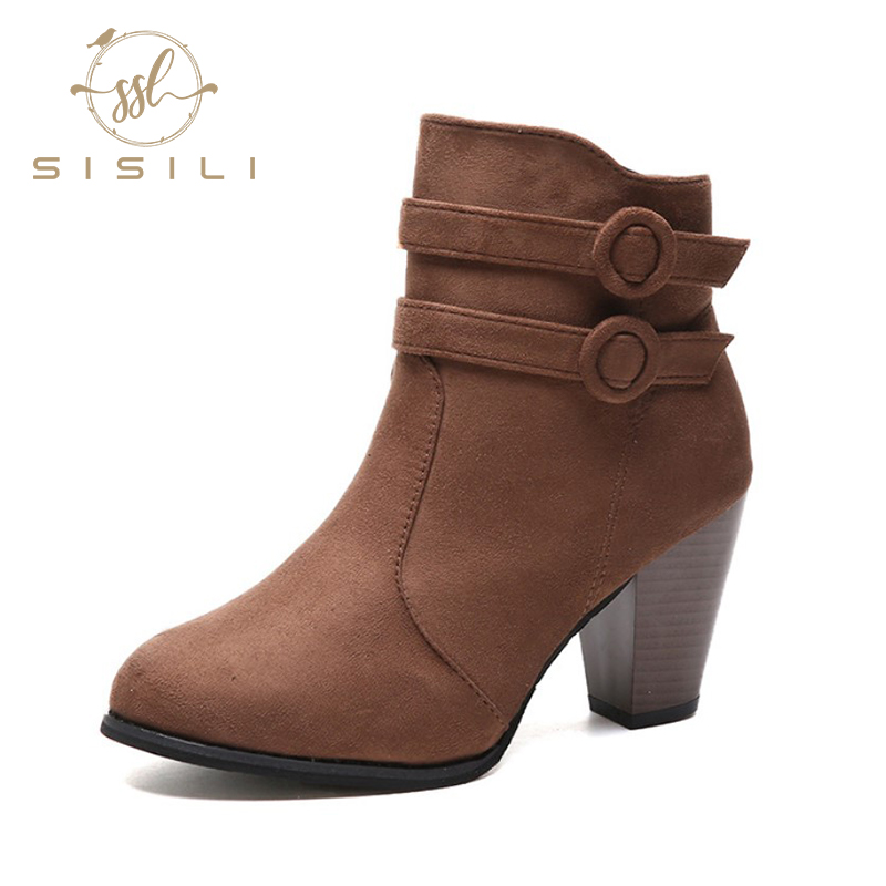 

boots women suede belt buckle thick heel short boots women pointed toe plus size Large Size, Black