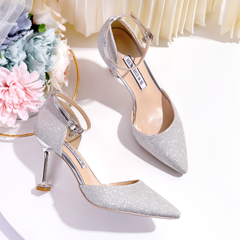 

Wed2020 Women's Decent One-button Crystal Mid-heel Thin Heel Wedding Banquet Hollow Sequined Pointed Shoes, Sterling silver 3cm