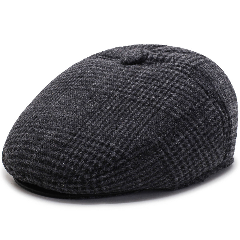 

New Fashion Men Winter Herringbone Woolen Cold-proof Tapered Berets Hats Black Gray Brown