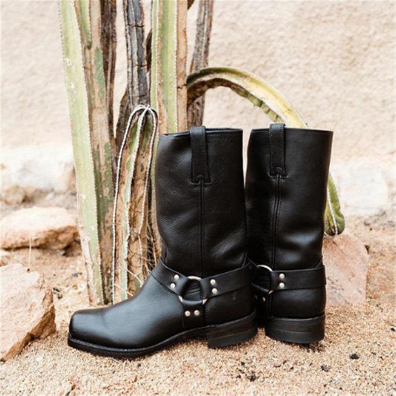 

New Knight Boots Unisex New Fashion Square Boots Ladies Retro Cowboy Winter Rivet Short Shoes Square Heel Plus Size Unisex, Black