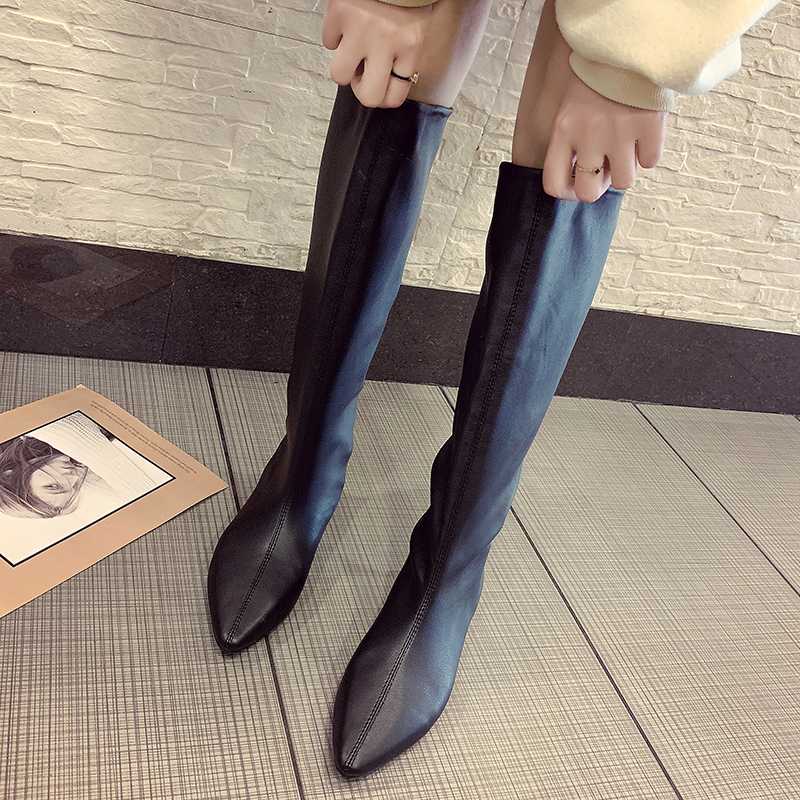 

Fashion Pointed Toe Pu Leather Knee High Boots Women Comfortable Flat Heel Elastic Long Boots Woman Slip on Botas Mujer, Royalblue