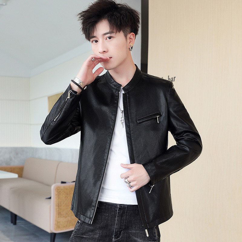 

8888 Spring and Autumn Stand Collar Genuine Leather Coat Men's Slim Style Handsome Motorcycle Clothing Casual Jacket, Black