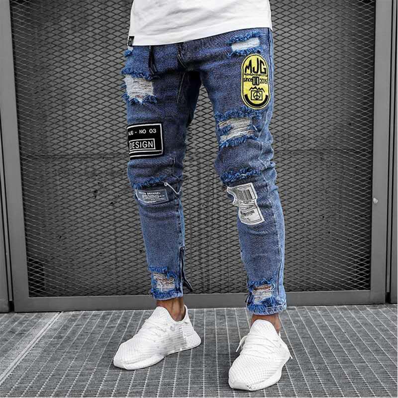 

Men Breathable Ripped Jeans Male Personalized Ripped Badge Decoration Mid Waist Elastic Slim Long Trousers Streetwear, Blue