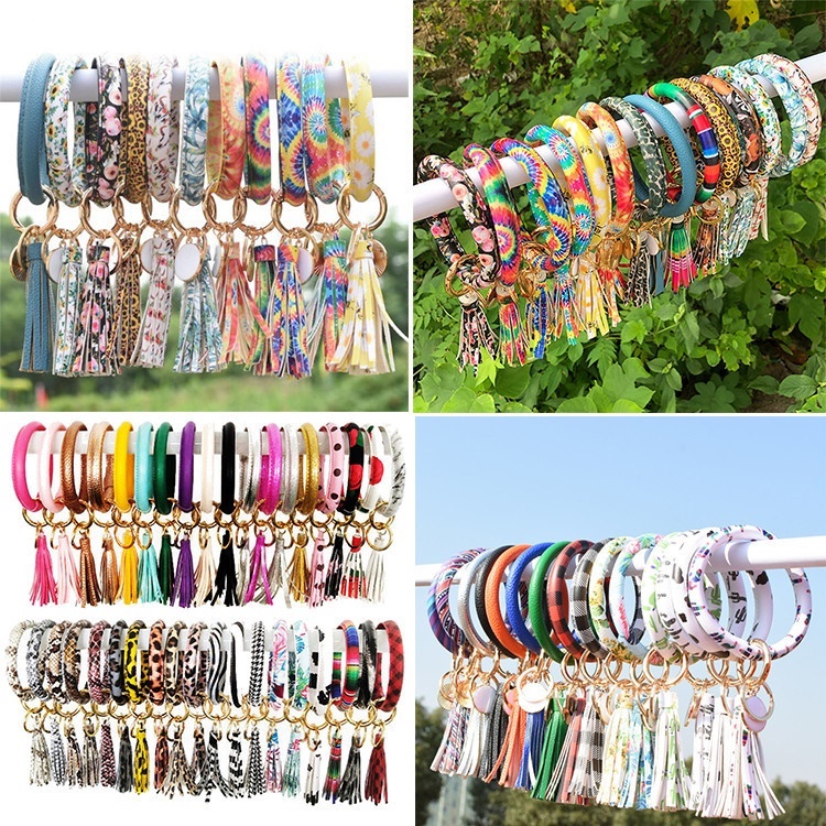 

56 Styles PU Leather Wrap Key Ring Women Girl Tassel Bracelets Leopard Lily Sun Flower Wristlet Keychain Wristband Sunflower Bangle Chains