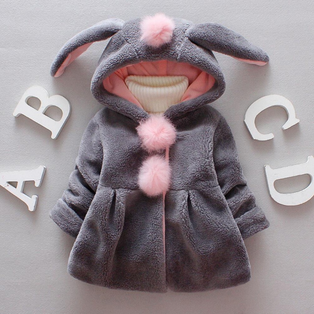 

2019 Winter Child Jacket For Girls Infant Coat Kids Rabbit Hoodie Children Outerwear Long Rabbit Ears Fur Coat Cute Girl Clothes, Gray