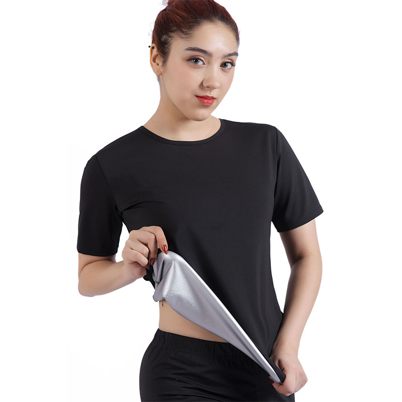 

Women Sports Sweating Shirts Short Sleeve Running Fitness Training Quick Sweating and Heat Gathering Inner Silver Coating Tees, Black