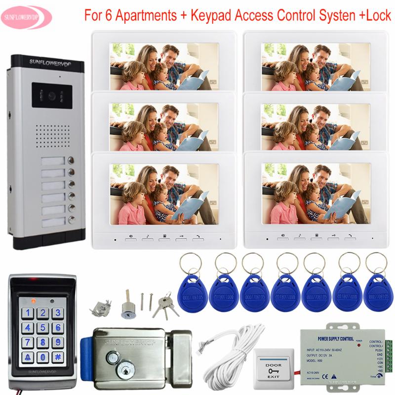 

For 6 Apartments Intercom on 6 Buttons 7" Color Intercom Doorbell Keypad Access Control Door Video + Electric Lock Kit