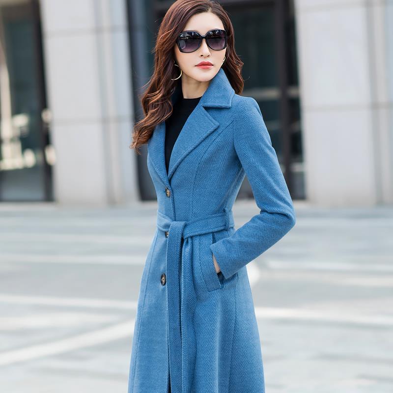 

Long Wool Blend Coat Women 2020 New Autumn Winter Outwear Jacket Casual Female Overcoat Woolen Coat With Belt, Blue