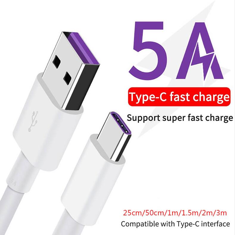 

1M 2M 5A Supercharge cable USB Cable Type C Cable USB 3.1 Type-C fast charging Cables For Huawei P20 P30 Mate9 Samsung, White