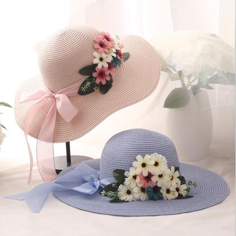 

Seioum Beautiful Idyllic Natural Style Adult Dome Raffia Straw Hats Artificial Flowers Leaves Wide Brim Women's Summer Sun Hats, Beige