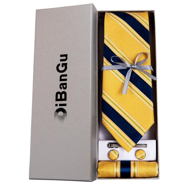 

Bow Ties Luxury 8cm Navy Striped Yellow Silk Woven Mens Tie Business Wedding Necktie Hanky Cufflinks Set Men Accessories Gift DiBanGu