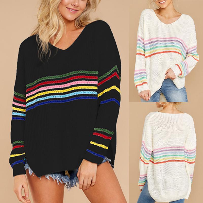 

Women Sweater 2020 Women' Knitwear Long Sleeve Striped Rainbow Turtleneck V-neck Knit Batwing Wear Casual Loose Sweater #45, Black