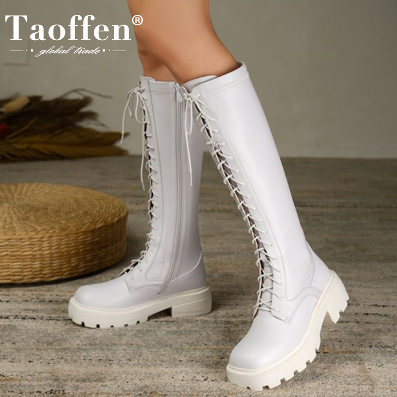 

Taoffen Real Leather Women Knee Boots Cross Strap Zipper Thick Heel Shoes Warm Boots Women Fashion Party Footwear Size 33-40, Black