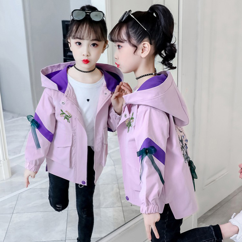 

Spring Autumn Girls Casual Jackets Hooded Outerwear Fashion Printing Candy Color Windbreaker Children Clothing Cute Girls Coat, Purple