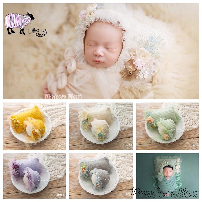 

Newborn Baby Girl Flower Hat+Pillow Set Props Infant fotografia Accessories Baby Photo Shoot Floral Lace Cap foto Shooting Prop, Yellow