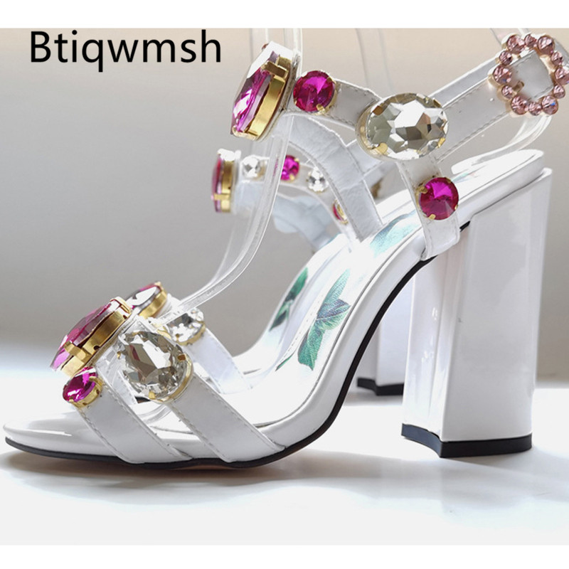 

White leather Rhinestone Sandals Women Open Toe Diamond Square High Heel Shoes Woman Fashion Party Shoes Summer, White low heel