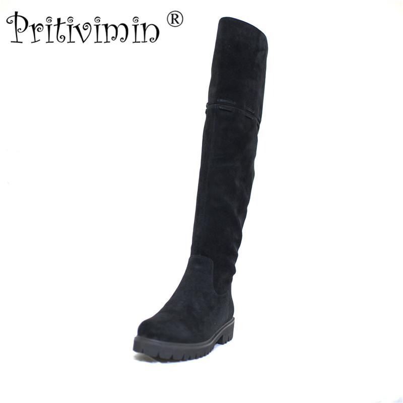 

Pritivimin FN84 Ladies kide suede bottes femme winter women handmade warm real wool lined shoes girls over the knee high boots, Black