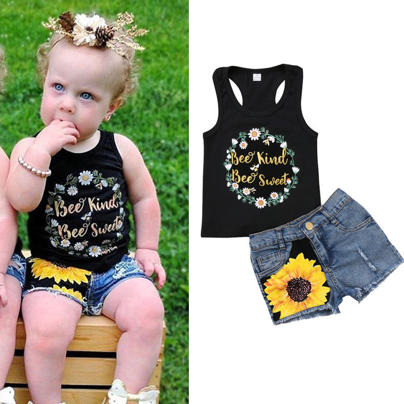 

Kids Baby Girls Sleeveless Tops T-shirt Denim Sunflower Pants Outfit Set Clothes, As photo show