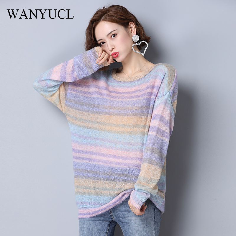 

WANYUCL2020 autumn new women's mohair horizontal stripes large size round neck loose pullover sweater women, Khaki