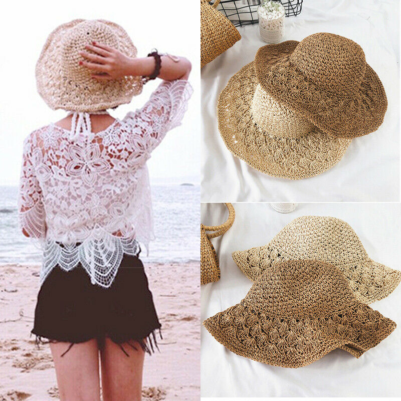 

Women Ladies Summer Sun Hats Panama Straw Beach Hats Foldable Wide Brim Floppy Travel Cap, Khaki