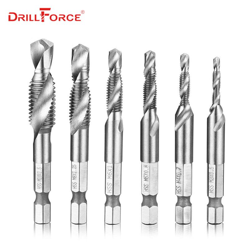 

6PCS M3-M10 Screw Tap Drill Bits HSS Taps Woodworking Metric Combination Bit High Speed Steel Bright 1/4" IN Quick Change Hex